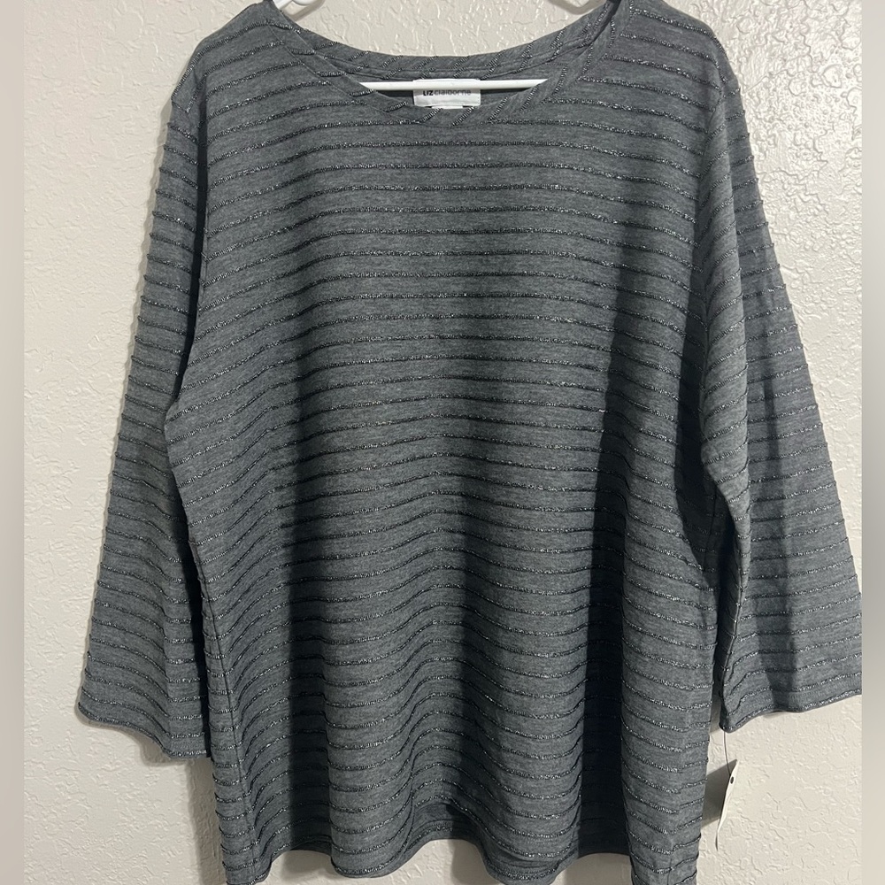 Liz Claiborne Gray and glitter silver long sleeve blouse.